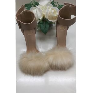 Faux fur ankle strap heels
